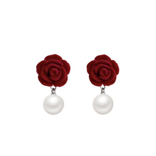 Pendientes, Tela flocado, con Perlas plásticas, Rosa, hecho a mano, Joyería & para mujer, Rojo, 20x10mm, Vendido por Par