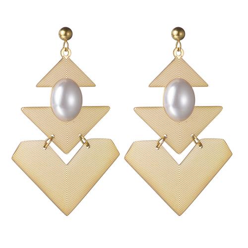 Titanium Staal Earring, met Plastic Pearl, Driehoek, gold plated, voor vrouw, 42x68mm, Verkocht door pair