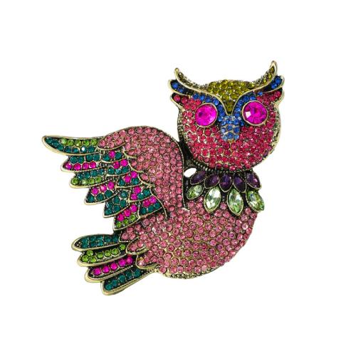 Zinklegering broches, Zinc Alloy, Uil, voor vrouw & met strass, multi-gekleurde, 65x77mm, Verkocht door PC