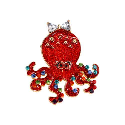 Zinklegering broches, Zinc Alloy, Octopus, voor vrouw & glazuur & met strass, rood, 64x55mm, Verkocht door PC