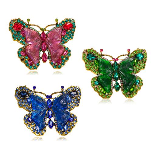 Zinc Alloy Brocher, Butterfly, for kvinde & med rhinestone, flere farver til valg, 53x68mm, Solgt af PC