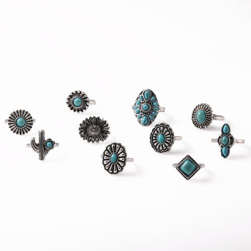 Zinc Alloy ring Set, met Synthetische Turquoise, antiek zilver plated, 10 stuks & voor vrouw, Verkocht door Stel