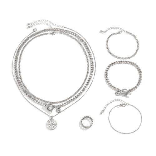 Cink ötvözet Jewelry Set, finger ring & karkötő & nyaklánc, -val vas lánc, platina színű bevont, 5 darab & az ember, Hossz Kb 17.7 inch, Kb 19.7 inch, Kb 7 inch, Kb 8 inch, Által értékesített Set