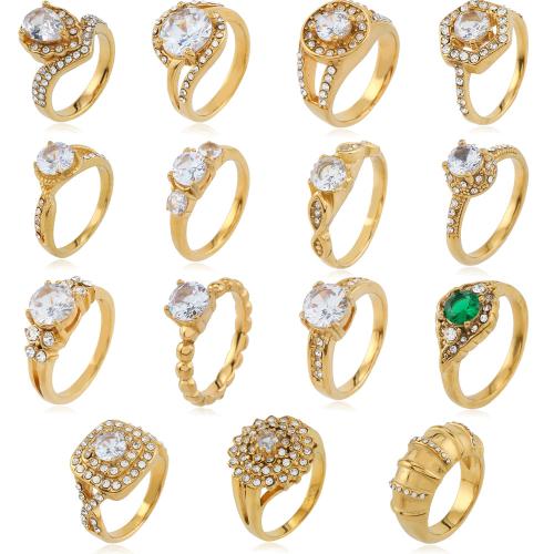 Anillo de dedo del acero inoxidable del Zirconia cúbico, acero inoxidable 304, Joyería & diverso tamaño para la opción & diferentes estilos para la opción & micro arcilla de zirconia cúbica & para mujer, dorado, Vendido por UD