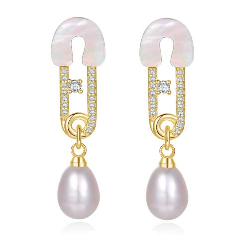 Kubik Zirkonium mikro bana Mässing Örhänge, med White Shell & Glass Pearl, mode smycken & micro bana cubic zirconia & för kvinna, nickel, bly och kadmium gratis, 9.04x34.10mm, Säljs av Par