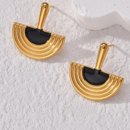 Titanium Staal Earring, gold plated, voor vrouw & glazuur, zwart, 21mm, Verkocht door pair