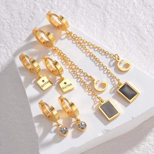 Pendiente de acero de titanio, Partículas de acero, con 5CM extender cadena, chapado en color dorado, para mujer & esmalte & con diamantes de imitación, color mixto, longitud 45 cm, 3parespareja/Set, Vendido por Set