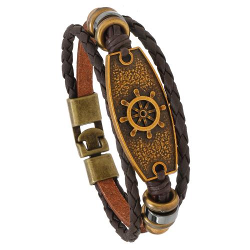 PU cavo bracciali, lega in zinco, with PU & plastica rivestito in rame, fatto a mano, tre strati & gioielli di moda & per l'uomo, marrone, Lunghezza 21 cm, Venduto da PC