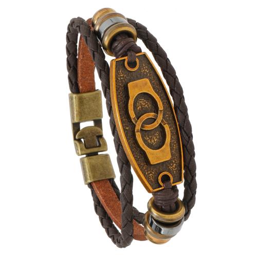 PU leder koord armbanden, Zinc Alloy, met PU & Copper Coated Plastic, handgemaakt, drie lagen & mode sieraden & voor de mens, bruin, Lengte 21 cm, Verkocht door PC