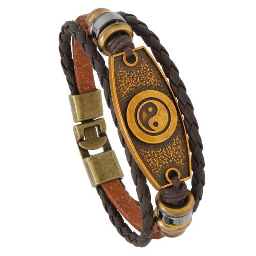 PU leder koord armbanden, Zinc Alloy, met PU & Copper Coated Plastic, handgemaakt, drie lagen & mode sieraden & voor de mens, bruin, Lengte 21 cm, Verkocht door PC