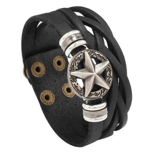 Pulseira de couro, corda de Couro de vaca, with plástico revestido de cobre & liga de zinco, feito à mão, joias de moda & multicamada & para o homem, preto, wide:2.6cm, comprimento 21 cm, vendido por PC