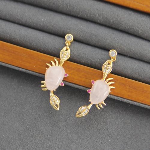 Boucles d'oreilles en laiton zircon cubique pavent, avec quartz rose, Placage, styles différents pour le choix & pavé de micro zircon & pour femme, doré, Vendu par paire