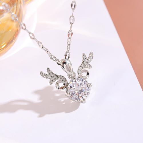 Cubic Zircon Micro Pave Brass Necklace, with Titanium Steel & Crystal, Antlers, silver color plated, fashion jewelry & micro pave cubic zirconia & for woman, more colors for choice, nickel, lead & cadmium free, Length Approx 41-50 cm, Sold By PC