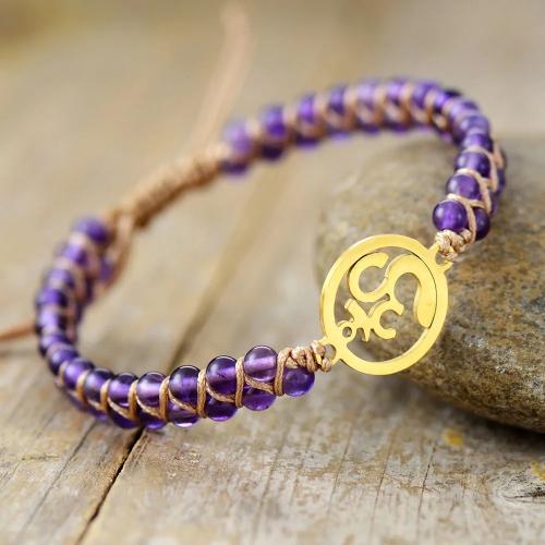 Quarz Armbänder, Amethyst, mit Knotenschnur & 304 Edelstahl, mit Verlängerungskettchen von 6cm, rund, Einstellbar & Modeschmuck & unisex & hohl, keine, 4mm, Länge ca. 16 cm, verkauft von PC