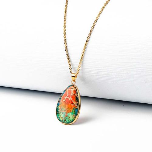 Collier de quartz, Jaspe d'impression, avec laiton & Acier inoxydable 304, avec 5cm chaînes de rallonge, larme, Placage de couleur d'or, bijoux de mode & unisexe, plus de couleurs à choisir, 23x40mm, Longueur Environ 40 cm, Vendu par PC