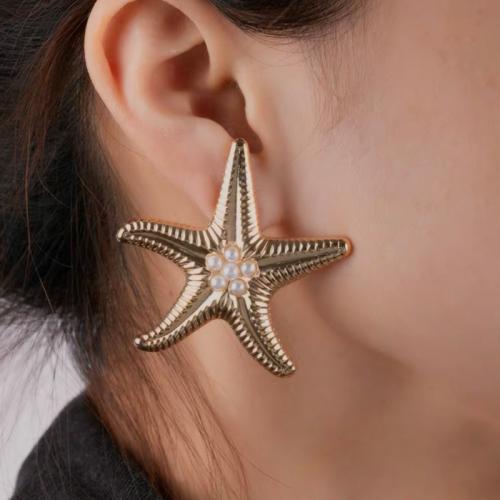 Stainless Steel Stud Øreringe, 304 rustfrit stål, med Plastic Pearl, Starfish, guldfarve belagt, for kvinde, 40mm, Solgt af par