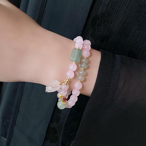 Bracelets en laiton, avec Pierre naturelle & quartz rose, Placage, bijoux de mode, rose, protéger l'environnement, sans nickel, plomb et cadmium, Longueur 35.5 cm, Vendu par PC