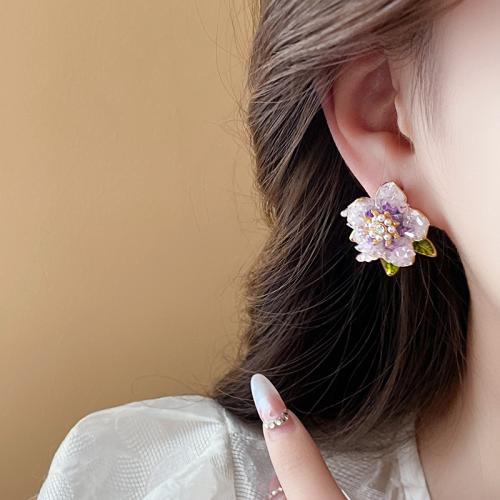 Brass Stud Earring with Crystal Flower plated fashion jewelry & with rhinestone golden nickel lead & cadmium free Sold By Pair