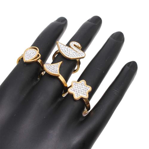 nehrđajućeg Čelik vještački dijamant Finger Ring, 304 nehrđajućeg čelika, pozlaćen, modni nakit & različitih dizajna za izbor & s Rhinestone, zlatan, Box size: 19x13x35cm, ring ring number mixed 16-20, 36računala/Okvir, Prodano By Okvir