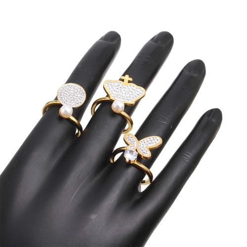 nehrđajućeg Čelik vještački dijamant Finger Ring, 304 nehrđajućeg čelika, pozlaćen, modni nakit & različitih dizajna za izbor & s Rhinestone, zlatan, Box size: 19x13x35cm, ring ring number mixed 16-20, 63računala/Okvir, Prodano By Okvir