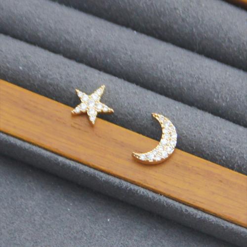 Befestiger Zirkonia Messing Ohrring, Mond und Sterne, plattiert, verschiedene Stile für Wahl & Micro pave Zirkonia & für Frau, goldfarben, verkauft von Paar