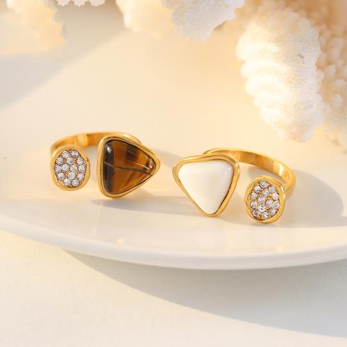 Bague acier titane, avec oeil de tigre & coquille d'eau douce, bijoux de mode & pavé de micro zircon & pour femme, plus de couleurs à choisir, Taille:7, Vendu par PC