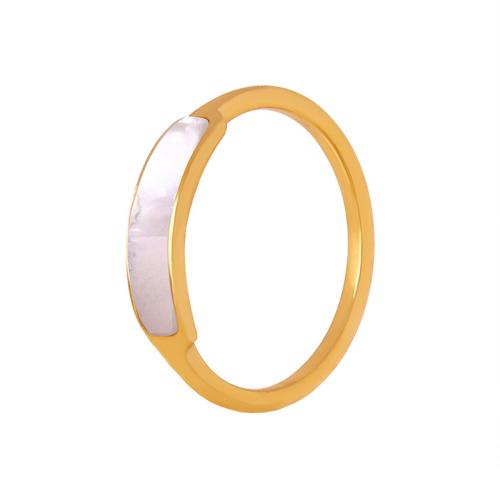 Anillo de dedo de Titantium Acero, Partículas de acero, con Nácar Blanca, 18K chapado en oro, Joyería & diverso tamaño para la opción & para mujer, dorado, Vendido por UD