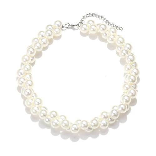 Colar de pérolas de plástico, liga de zinco, with Concha de resina, with 6cm extender chain, banhado, joias de moda, branco, níquel, chumbo e cádmio livre, comprimento 40 cm, vendido por PC