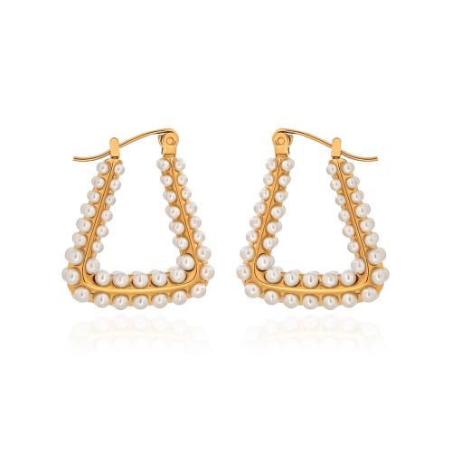 Rostfritt stål spaken bakåt Earring, 316 rostfritt stål, med Plast Pearl, 18K guldpläterad, mode smycken & för kvinna, gyllene, 26x22mm, Säljs av Par