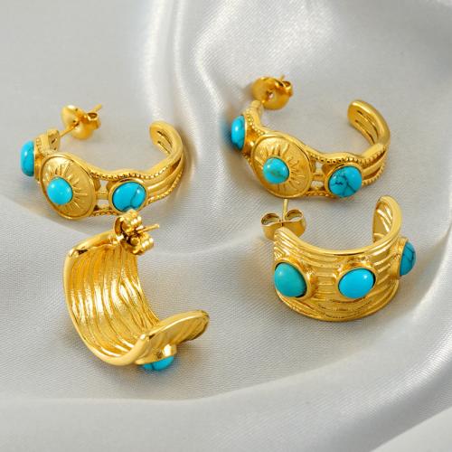 Stainless Steel Stud Earrings 304 Stainless Steel with turquoise 18K gold plated fashion jewelry & for woman golden Sold By Pair