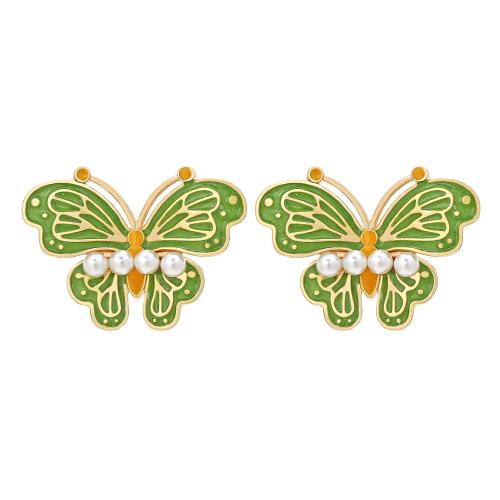 Pendientes de Perno de Aleación de Zinc, con Perlas plásticas, Mariposa, chapado, Joyería & esmalte, más colores para la opción, libre de níquel, plomo & cadmio, 25x34mm, Vendido por Par