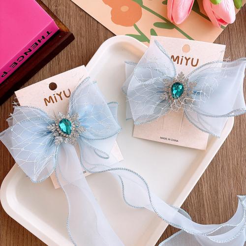 Alligator Hair Clip Cloth with Zinc Alloy handmade Girl blue Clip :5cm bow :14cm streamer :30cm. Sold By PC