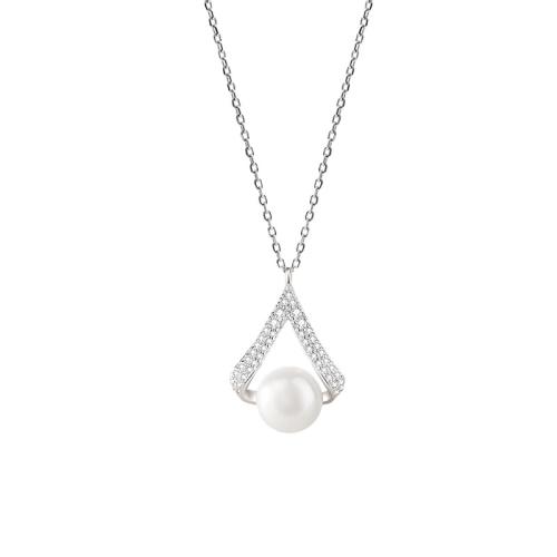 Kubinis Cirkonas mikro nutiesti sidabrines karoliai, 925 Sterling Silver, su Shell Pearl, su 5CM Extender grandinės, mikro nutiesti kubinių Zirconia & moters, daugiau spalvų pasirinkimas, Ilgis Apytiksliai 40 cm, Pardavė PC