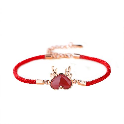 Bracelets en argent sterling, argent sterling 925, avec corde de cire & agate rouge, avec 4CM chaînes de rallonge, pour femme, couleur or rose, Longueur Environ 16 cm, Vendu par PC