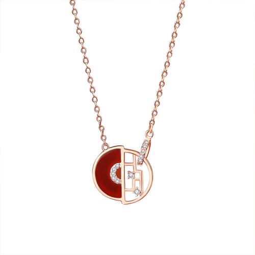 Zircon cubique Micro Pave collier en argent Sterling, argent sterling 925, avec agate rouge, avec 5CM chaînes de rallonge, pavé de micro zircon & pour femme, couleur or rose, Longueur Environ 40 cm, Vendu par PC