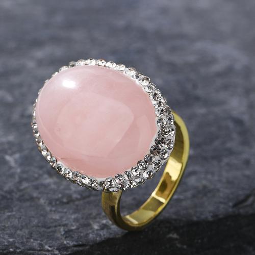 Mässing Finger Ring, med rhinestone lera bana & Rose Quartz, Oval, guldfärg pläterade, mode smycken & för kvinna, rosa, nickel, bly och kadmium gratis, Innerdiameter:Ca 19mm, Säljs av PC