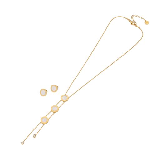 304 roestvrij staal Sieraden set, Stud Oorbel & halsketting, met White Shell, met 2inch extender keten, Rond plat, gold plated, 2 stuks & voor vrouw, Lengte Ca 15.7 inch, Verkocht door Stel