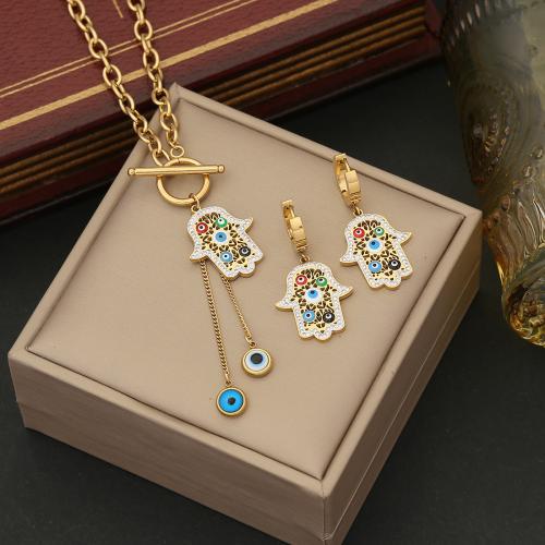 304 roestvrij staal Sieraden set, Hamsa, gold plated, verschillende stijlen voor de keuze & voor vrouw & glazuur & met strass, Verkocht door PC