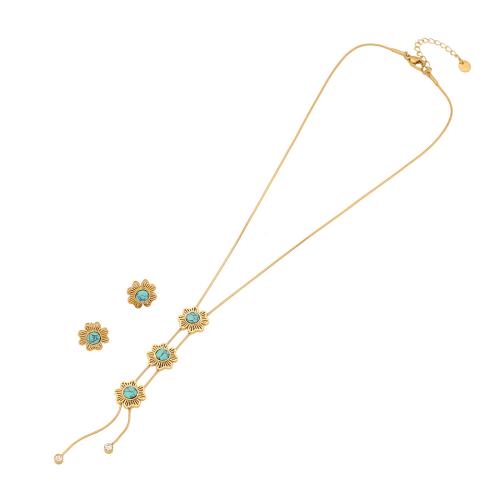 304 roestvrij staal Sieraden set, Stud Oorbel & halsketting, met turkoois, met 2inch extender keten, Bloem, gold plated, 2 stuks & voor vrouw, Lengte Ca 15.7 inch, Verkocht door Stel