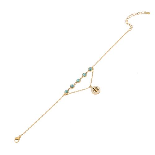 Acier inoxydable 304 bracelet de cheville, avec turquoise, avec 1.6inch chaînes de rallonge, Placage de couleur d'or, styles différents pour le choix & pour femme & émail & avec strass, Longueur Environ 8.3 pouce, Vendu par PC