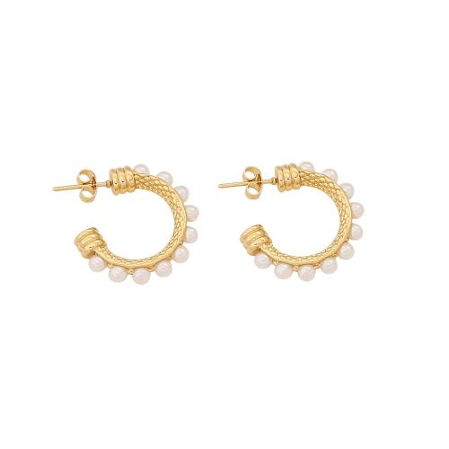 304 roestvrij staal Drop Earring, met Plastic Pearl, gold plated, verschillende stijlen voor de keuze & voor vrouw & met strass, Verkocht door pair