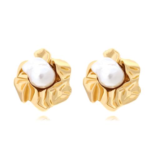 Lo zinco in lega Stud Earring, lega in zinco, with perla in plastica, placcato, gioielli di moda, dorato, assenza di nichel,piombo&cadmio, 32x35mm, Venduto da coppia