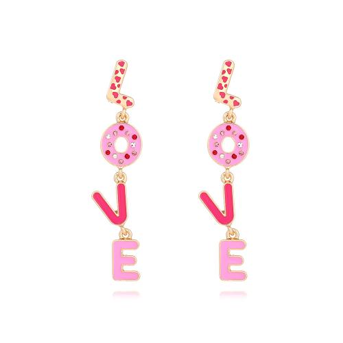 Boucles d'oreilles en alliage de zinc, Lettre d’alphabet, Placage, bijoux de mode & émail & avec strass, rose, protéger l'environnement, sans nickel, plomb et cadmium, 13x66mm, Vendu par paire