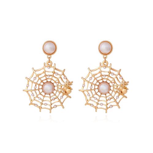 Zinklegering oorknoppen, Zinc Alloy, met Plastic Pearl, spinneweb, plated, mode sieraden, gouden, nikkel, lood en cadmium vrij, 42x60mm, Verkocht door pair