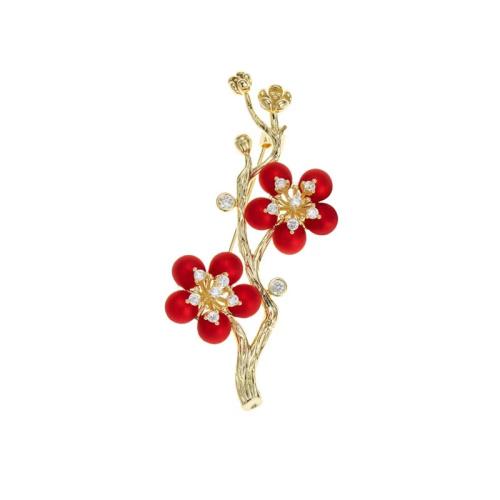 Zinc Alloy Brocher, med Plastic Pearl, Blomme blomstre, forgyldt, for kvinde & med rhinestone, gylden, 30x60mm, Solgt af PC