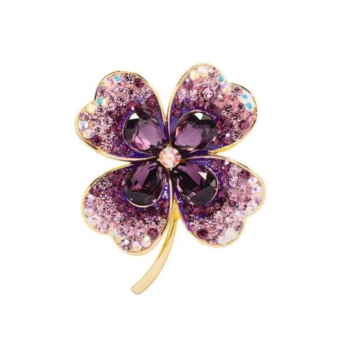 Zinc Alloy Brocher, Four Leaf Clover, forgyldt, Micro Pave cubic zirconia & for kvinde, flere farver til valg, 34x45mm, Solgt af PC