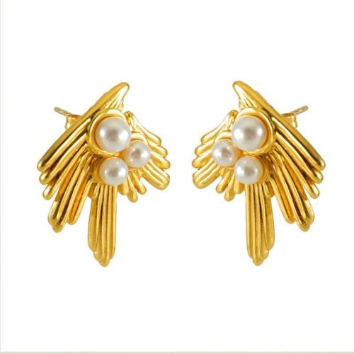 Cruach dhosmálta Graí Earrings, 304 Cruach dhosmálta, le Pearl Plaisteacha, 18K ór plátáilte, jewelry faisin & do bhean, órga, 26x21mm, Díolta De réir Péire