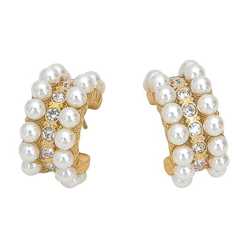 Roestvrij staal Stud Earrings, 304 roestvrij staal, met Plastic Pearl, mode sieraden & voor vrouw & met strass, gouden, 23mm, Verkocht door pair