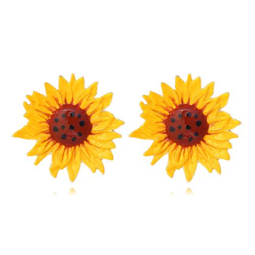 Pendientes de Perno de Aleación de Zinc, Girasol, chapado, Joyería & esmalte, amarillo, libre de níquel, plomo & cadmio, 49x49mm, Vendido por Par