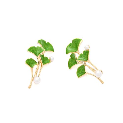 Zinklegering oorknoppen, Zinc Alloy, met Plastic Pearl, Ginkgo Leaf, plated, mode sieraden & glazuur, groen, nikkel, lood en cadmium vrij, 34x56mm, Verkocht door pair